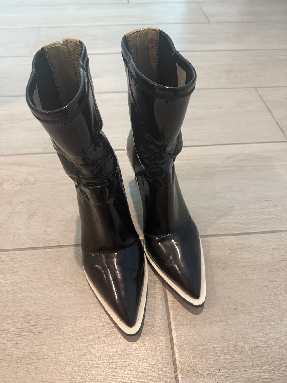 Fendi Black Patent Pointed-Toe Mid-Calf Boots with White Trim